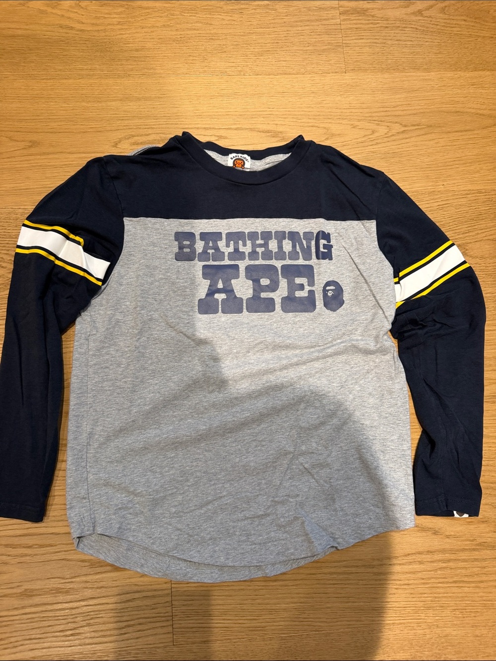 Bape Kids Navy & Heather Gray Long Sleeve Logo Tee with Yellow Stripe